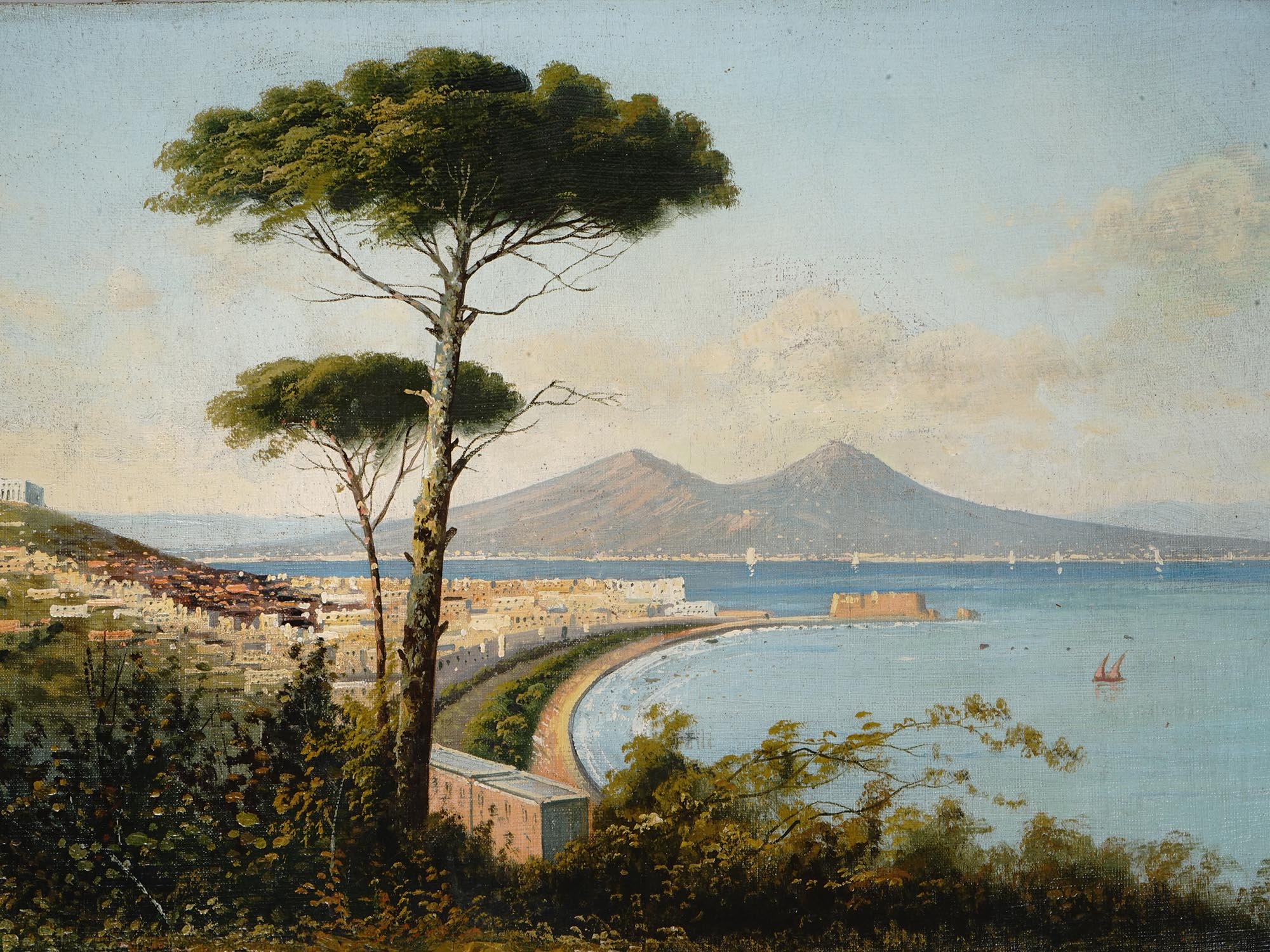 ANTIQUE ITALIAN NAPLES AND VESUVIUS PAINTING PIC-1